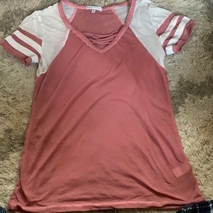 T-shirt, White and pink in color, v-neck line
